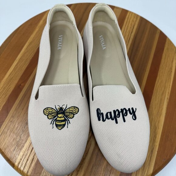 Vivaia Audrey Round Toe Beige Embroidered Bee Happy  Loafers Size 42 /10.5 - Picture 1 of 10